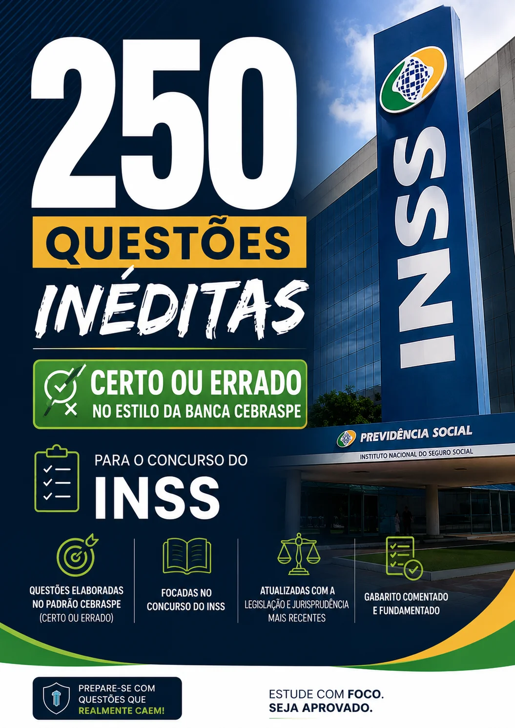 Capa do material com 250 questões CEBRASPE para INSS